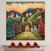 Charming Christmas Village at Sunset with Decorated Trees – Cozy Folk Art Landscape Painting on Ready to Hang 1.5" Thick Canvas Wrap, Floating Framed Canvas, Flat Rolled Canvas